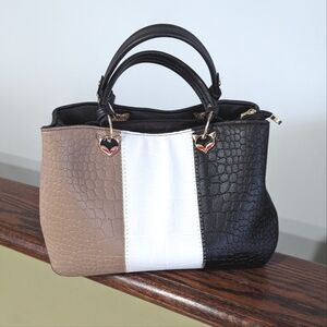 Brown white & black faux leather medium size handbag